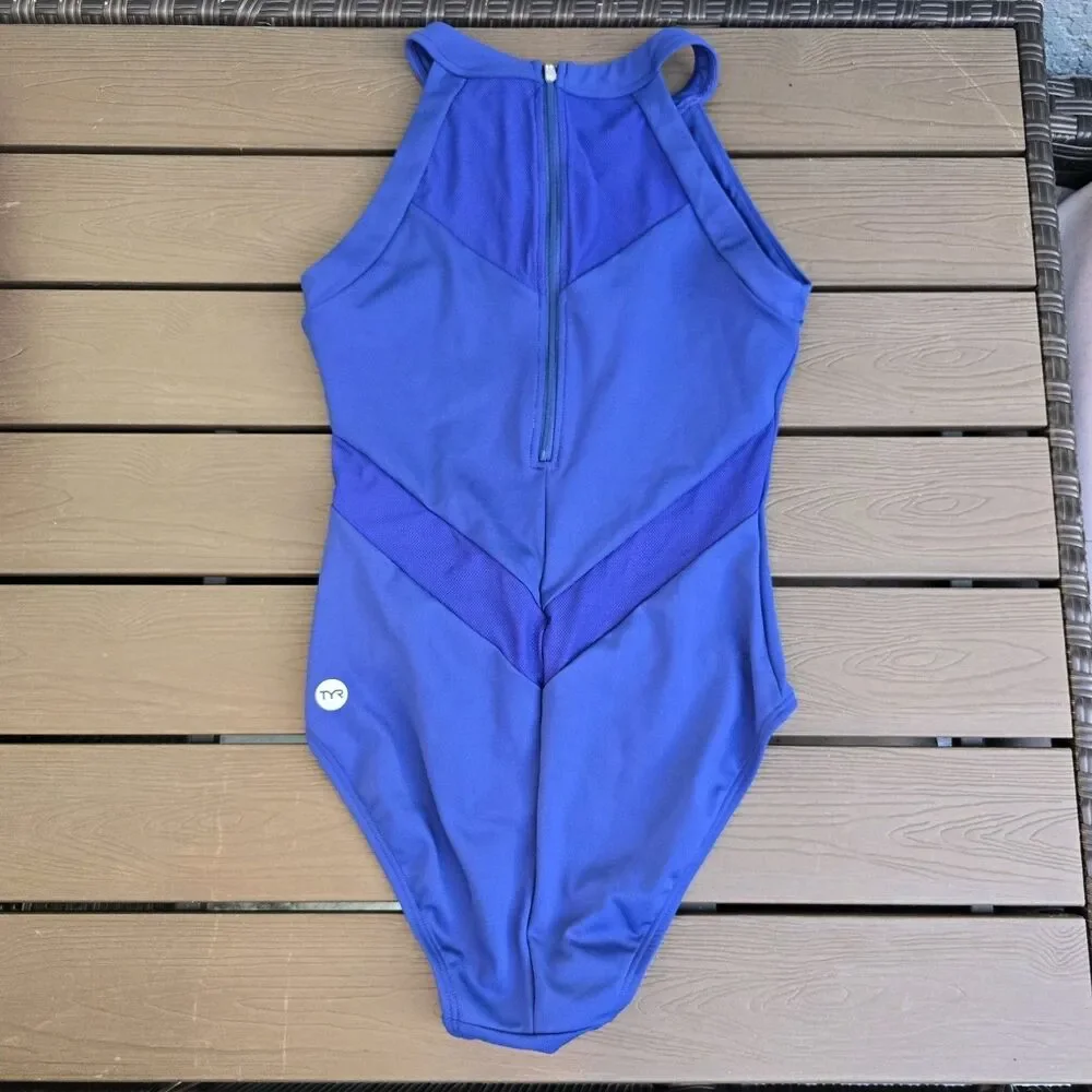 TYR Womens Eva 1 Piece Swimsuit Royal blue High Neck Zipper Back Sz S New Sample